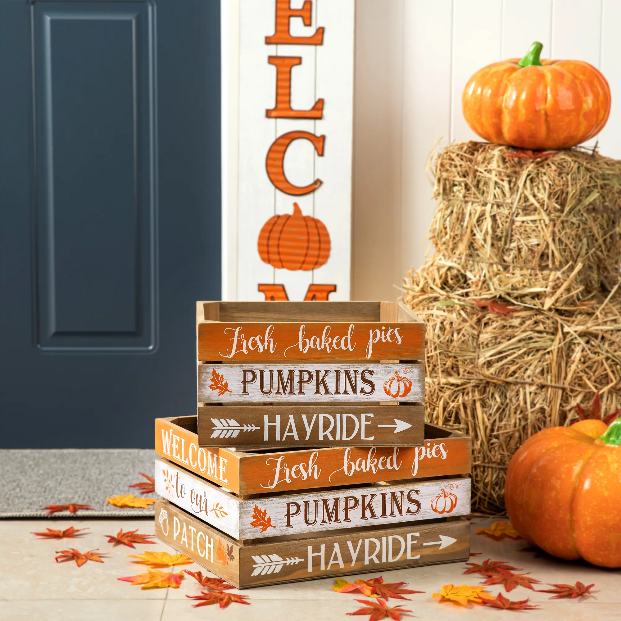 S/2 Wooden Pumpkin Crate, L:14"L*12.00"W*7"H, S:12"L*10.00"W*6.75"H