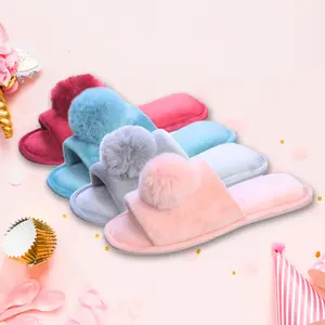 Roxoni Women's Velvet Pom-Pom Open Toe Slippers for Indoor & Outdoor Use High-Quality Faux Suede Cozy House Slides with Anti-Slip TR Rubber Soles