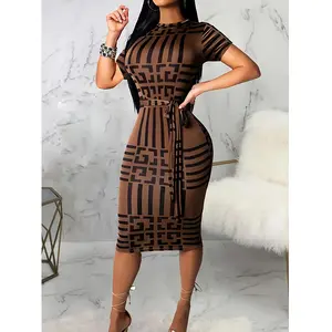 Short Sleeve Elegant Geo Print Bodycon Dress for Spring & Summer, Women's Clothing