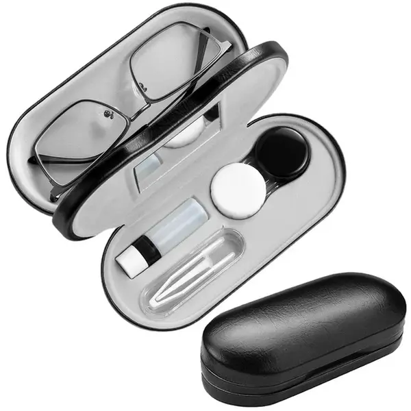 2 in 1 Contact Lens and Glasses Case,Double Sided Contact Lens Travel Kit,Includes Built-in Mirror Tweezer Remover and Contact Lens Solution Bottle Storage for Travel Outdoors Daily Use
