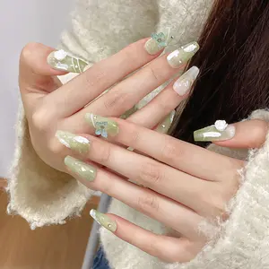 Green Butterfly Press-On Nails | 3D Botanicals & Butterfly Motifs | Handmade Gel Tips for Garden Weddings, Eco Galas & Cottagecore Escapes | Flex-Fit Breathable Core