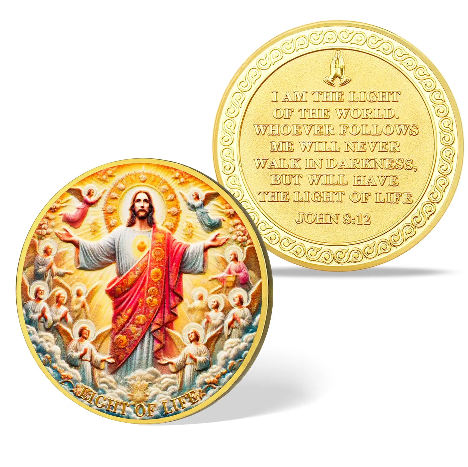 Jesus Light of Life Decorative Coin - John 8:12 Scripture Pocket Medallion, Sacred Heart Christian Home Decor Keepsake, Religious Gift for Adults