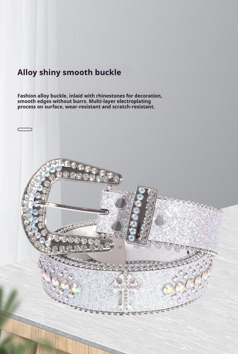 Unisex Crocodile Pattern Belt with Rhinestone Decorative Buckle Cross Pendant New Street Fashion Denim Belt Adjustable for Most Waist Sizes