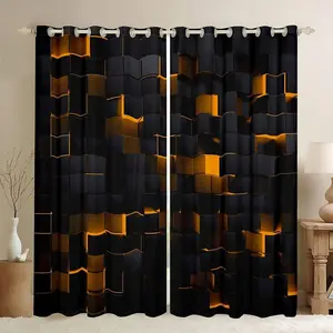 2pcs Gold Geometric Light Blocking Curtains, Blackout Window Cover, 3D Cubic Blocks & Golden Lines, Modern Contemporary Design for Living Room Bedroom Game Room