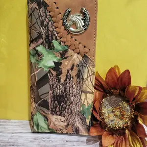 Horse Western wallet Cowboy wallet camouflage design Rodeo wallet concho look faux leather bifold wallet with whipstitch details.
