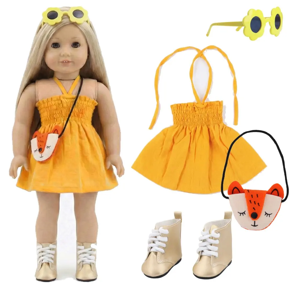Fashion Doll Clothes Set, Halter Short Dress, Buckle Boots, Daisy Sunglasses, Fox Backpack, Doll Clothing Set, Fits 18 Inch Dolls, Stylish Doll Clothes, Doll Outfit, Doll Accessories