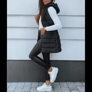 Women’s long solid-color sleeveless hooded puffer vest — breathable, lightweight casual outerwear for winter and summer; basic tank top/vest with a button-front closure; available in black; can be worn under a raincoat.