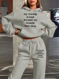 Hooded Sweatshirt Set, Sweatpants, Womenswear, Fall & Winter Warm Clothing, Faith Attitude Text Print, Casual Loose Fit, Daily Wear