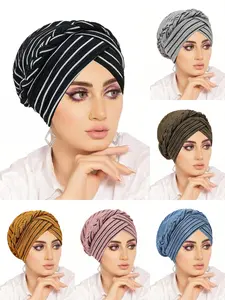 New Fashion Striped Braided Headscarf Hat, Elastic Comfortable Muslim Women's Wrap Cap, Daily Versatile Accessory