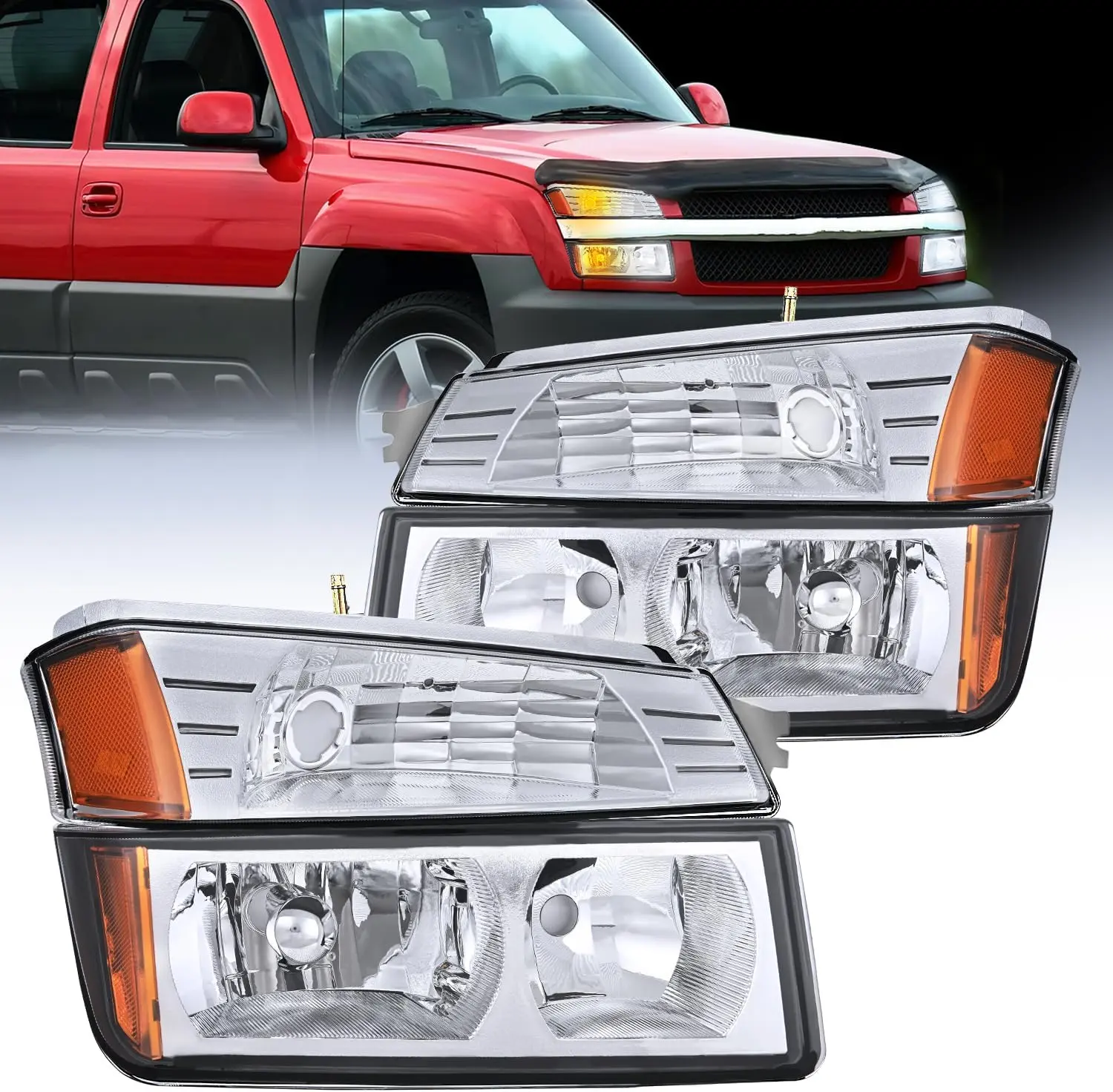 Nilight Chrome Housing Amber Reflector Headlight Assembly Pair Set - Automotive Car Accessories, IP65, OEM Look, Driver & Passenger Side Replacement Parts for 2002-2006 Chevy Avalanche Body Cladding Pickup Truck Exterior Upgrade, Car Light