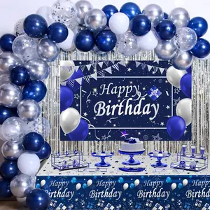 Blue Birthday Decorations For MenHappy Birthday Decorations For Men Women Boy Party Decoration Backdrop & Tablecloth Balloons Arch Kit Blue Silver Confetti Balloons Foil Fringe Curtains Table Cover