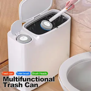 Trash can with toilet brush and brush head, 2-in-1 waste bin, suitable for bedroom and bathroom, with push-button lid, white rectangular modern bathroom narrow trash can, ivory white, bathroom decor and accessories
