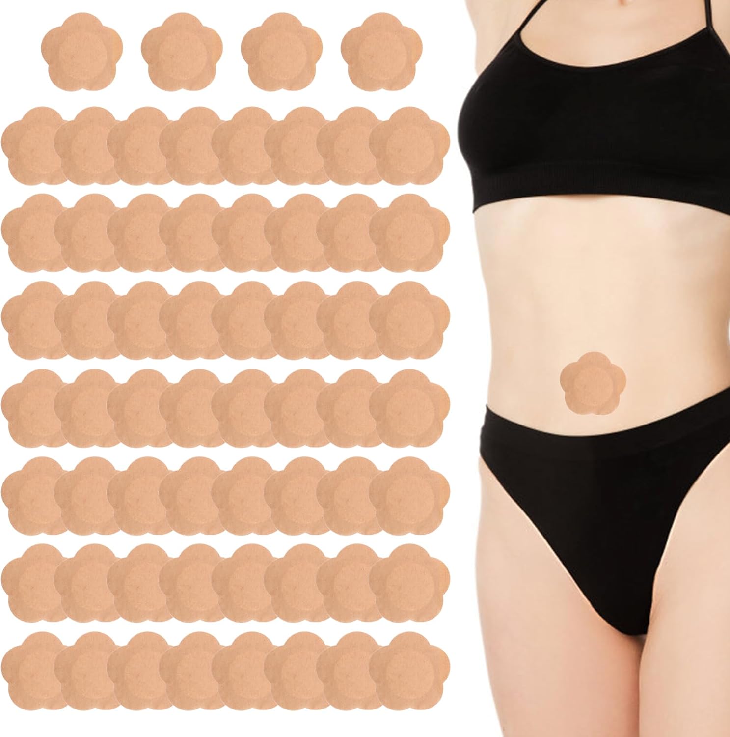 60 Pcs Plum Blossom Castor Oil Pack Wrap for Belly Button, Self-Adhesive Disposable Spunlace Cloth Castor Oil Belly Button Patch with Cotton, Oils Not Included (Skin Color)