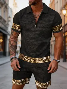European vintage luxury gold tracksuit with Greek border design, men’s half‑zip collared T‑shirt with wavy texture and shorts with elastic waistband and gold trim, 2‑piece outfit