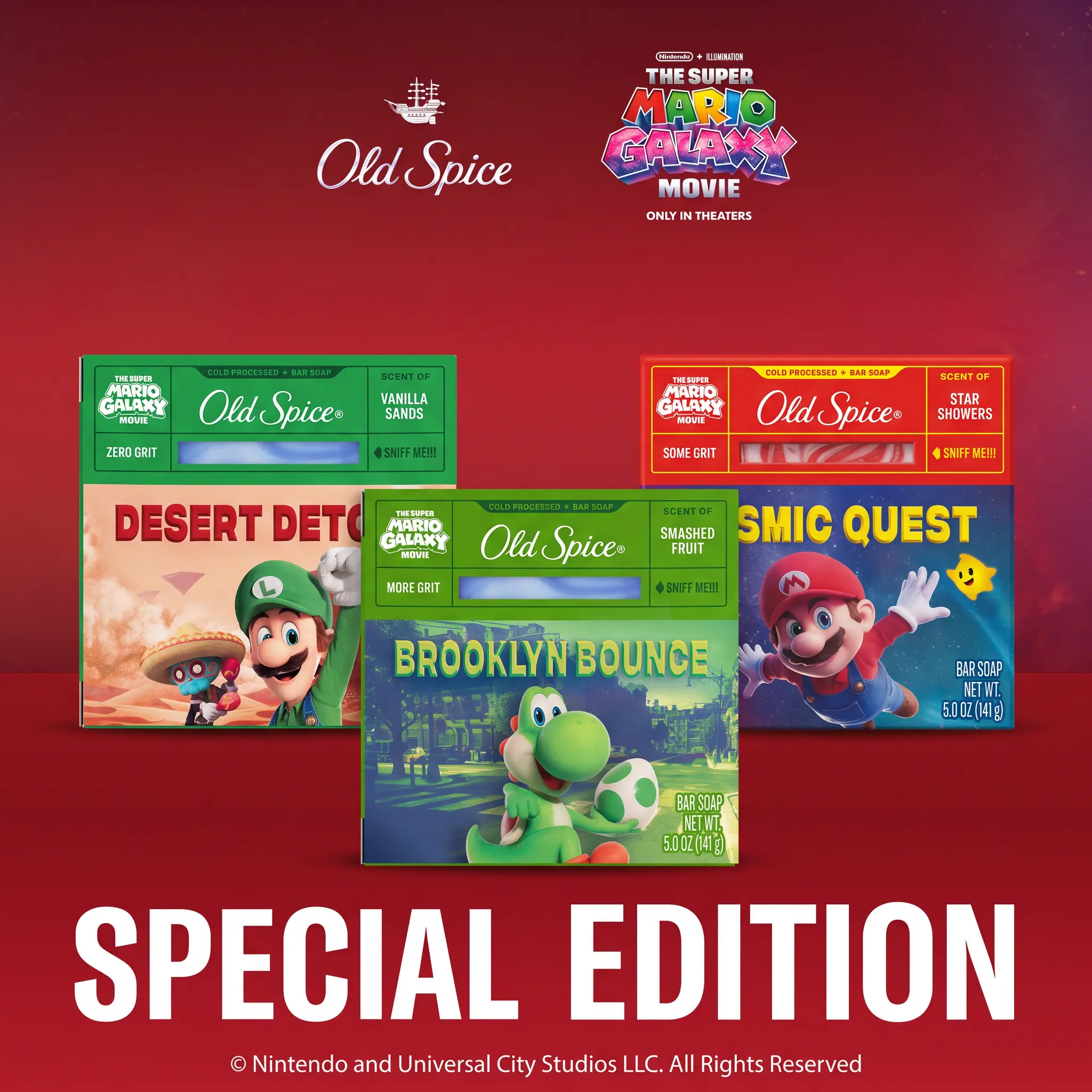 Old Spice x The Super Mario Galaxy Movie 3-Piece Cold Processed Bar Soap Bundle for Men, 5 oz Each: Cosmic Quest Star Showers, Brooklyn Bounce Smashed Fruit and Desert Detour Vanilla Sands