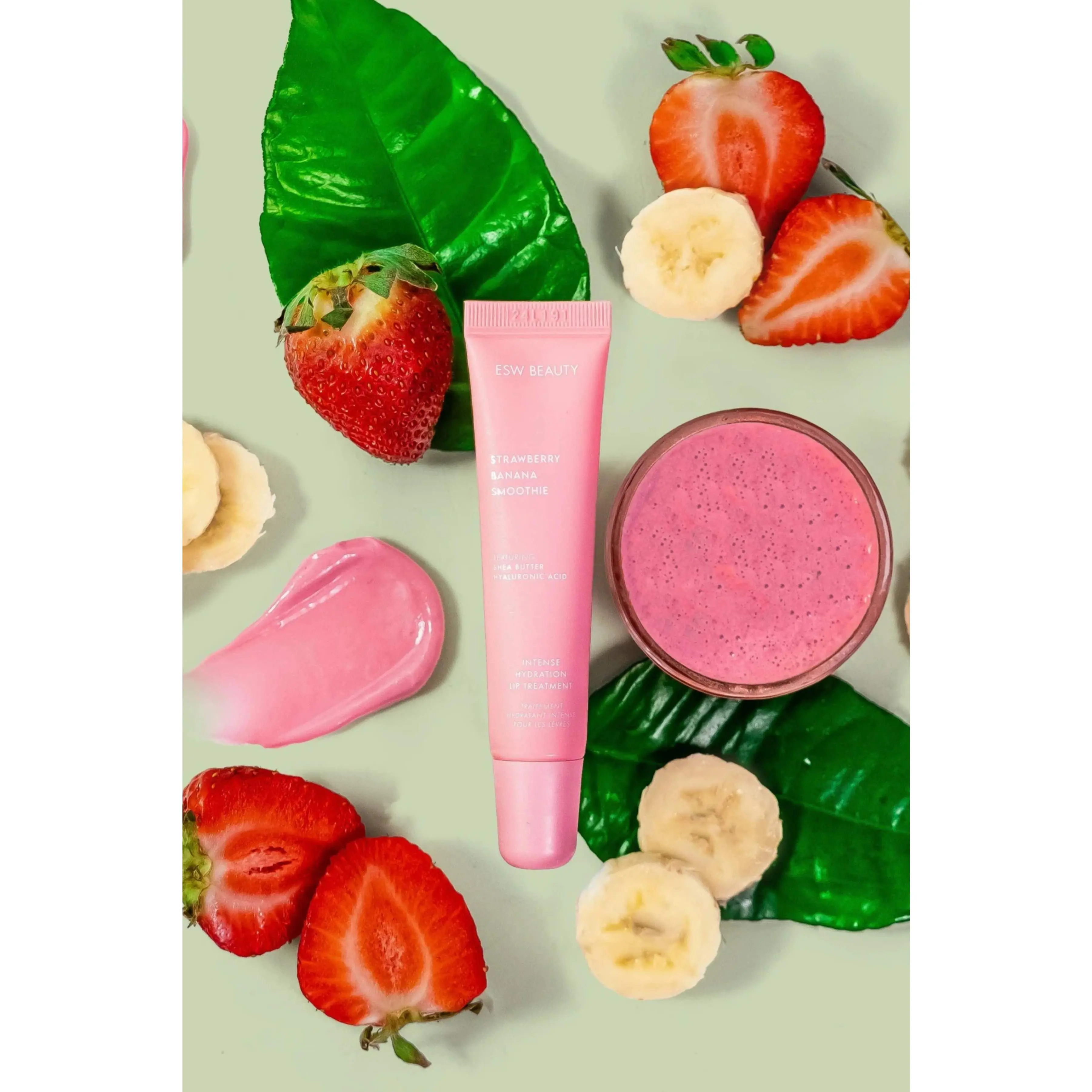 Strawberry Banana Smoothie Squeeze Lip Treatment with Shea Butter and Hyaluronic Acid, Daily Intense Hydrator and Nourishing Lip Care with a Soft Pink Nude Tint, Hydrate, Moisturizer, Hydrating, Direct Apply, Fruity Aroma