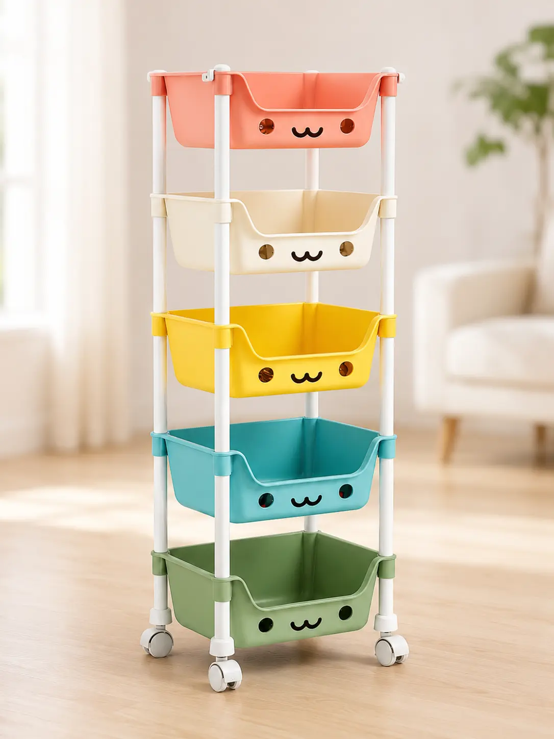 5-Tier Rolling Storage Cart - Colorful Adjustable Decor Rectangle Organiser Shelf, Mobile Cabinet-Rack for Household Daily Use, Holds Books, Ideal for Kitchen & Bathroom Organization