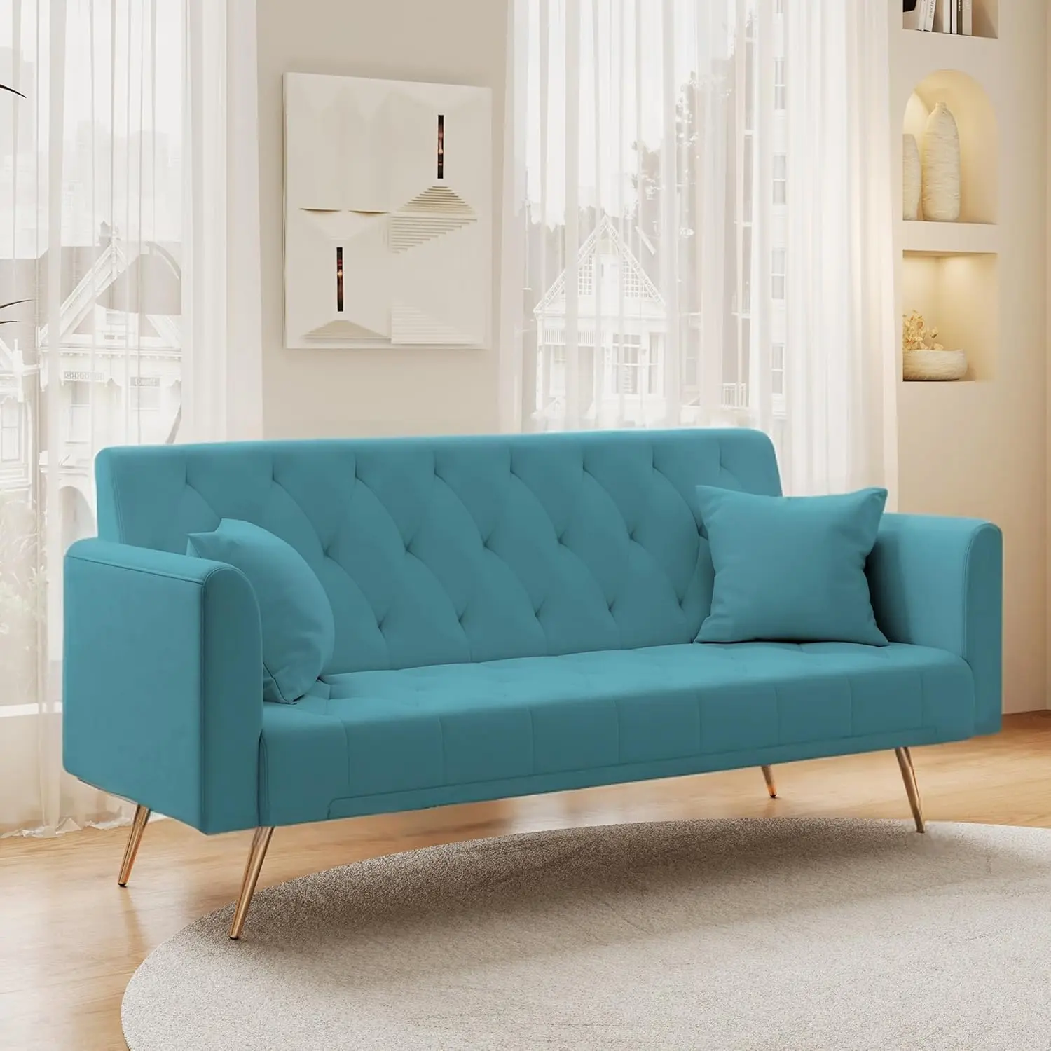 Convertible Sofa Bed Folding Sleeper Couches, Modern Lounge Sofa Futon with Adjustable Backrests,  Velvet  Loveseat Sofa with 2 Pillow and Golden Chrome Legs, for Small Living Room, Bedroom, Office, 71"