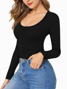 Women Long Sleeve Shirt Scoop Neck Tops Slim Fit Basic Top Base Layer Tee