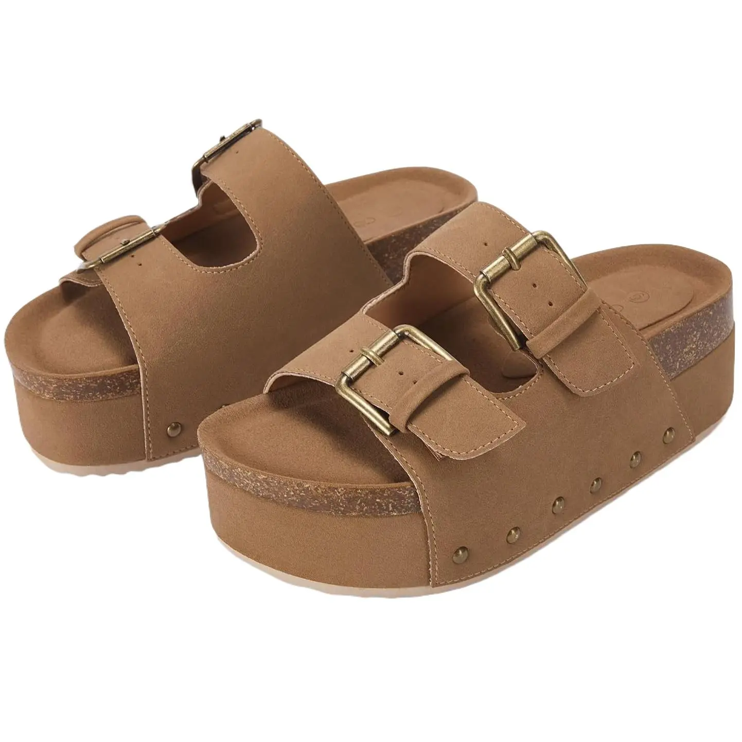Imily Bela Women's Cork Platform Sandals Slip on Mules and Clogs Double Buckle Straps Summer Shoes