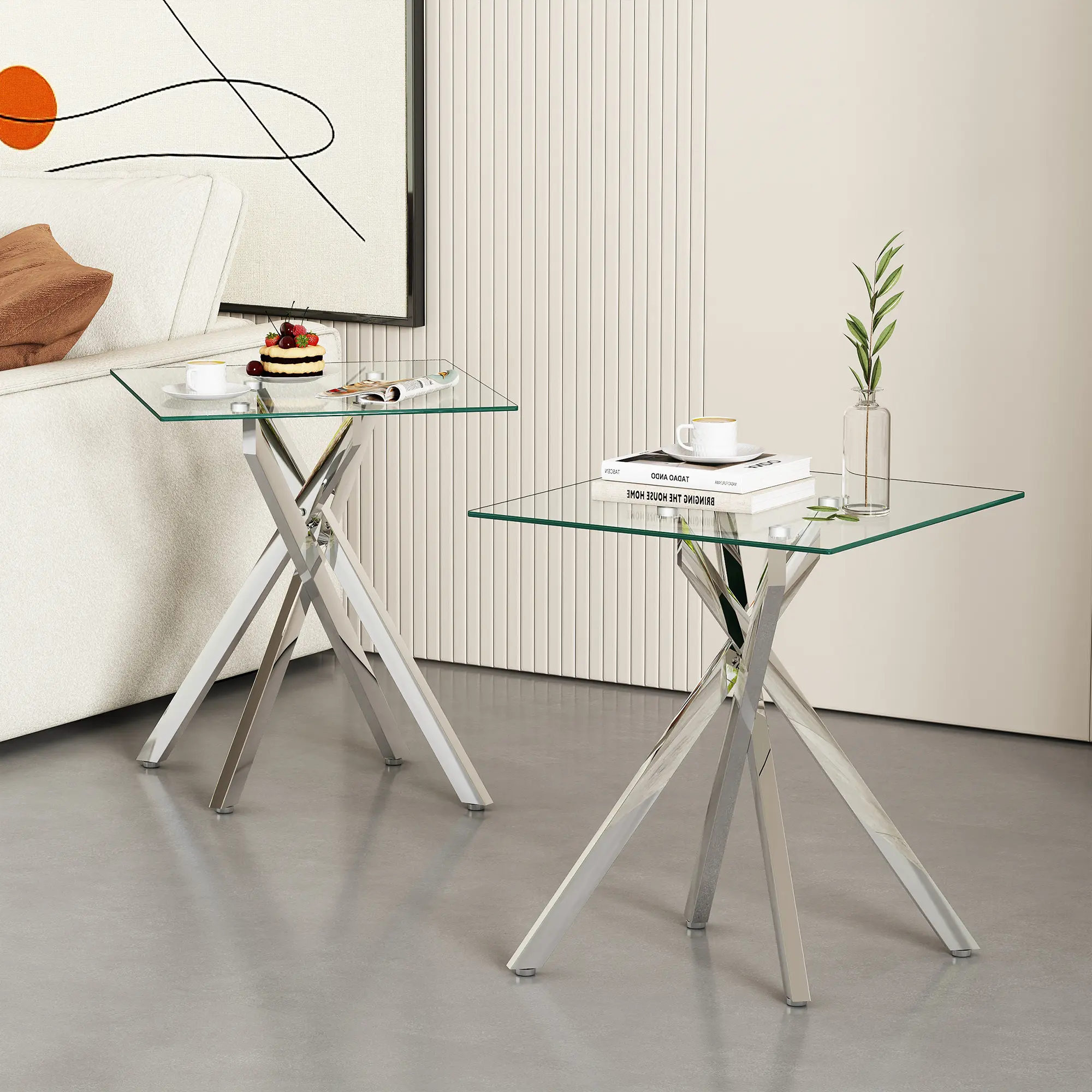 2-Piece Square Tempered Glass Side Table | 17.72" Clear End Tables set of 2 with Silver Legs for Sofa/Bedroom Nightstands With Drawer