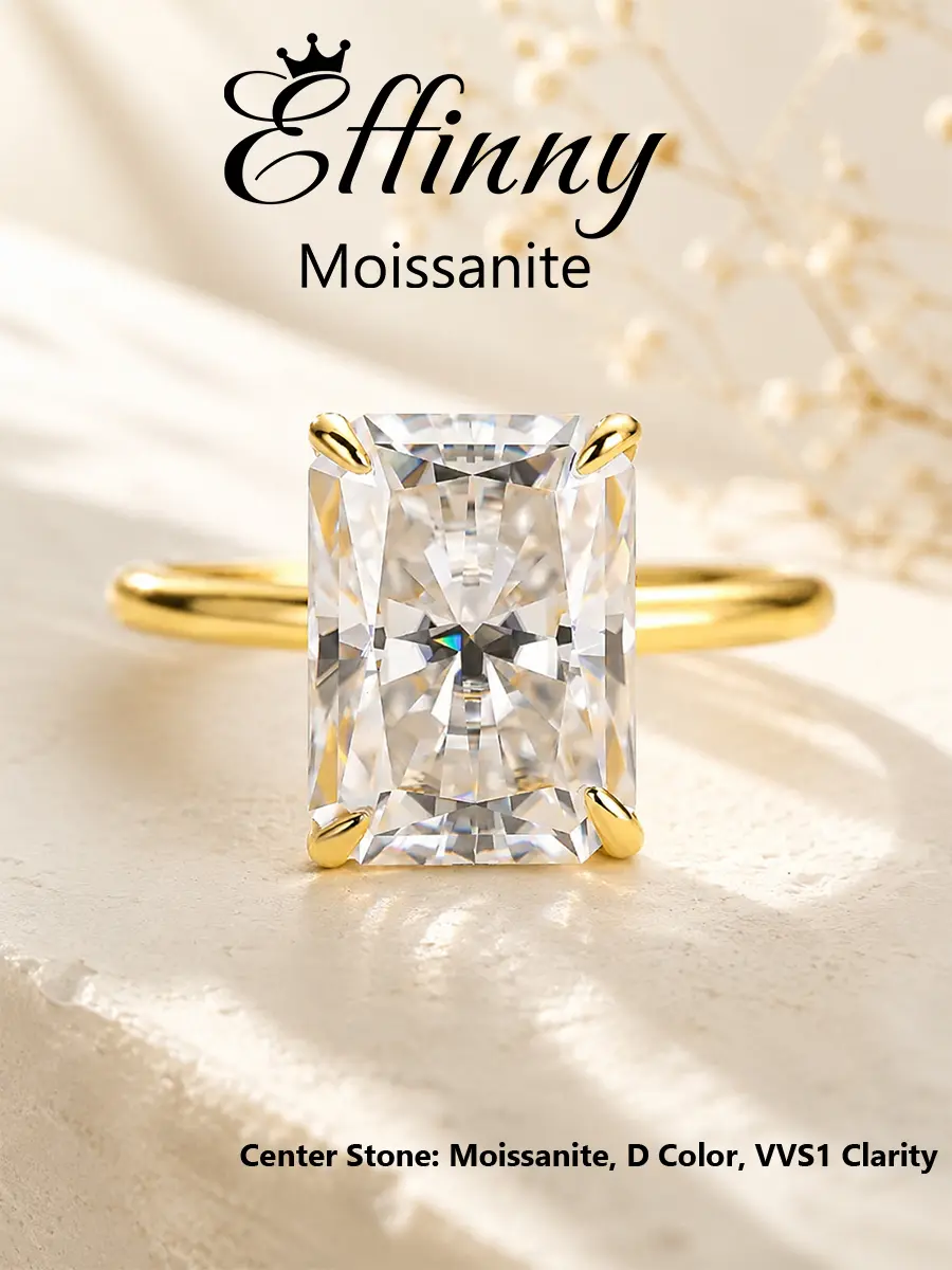 Effinny Certificated Moissanite Non-tarnish 4.5ct Elongated 14K Gold-Plated Excellent Radiant Cut Hypoallergenic Soliatire Engagement Ring, D Color VVS1 Promise Travel-friendly Jewelry for Her
