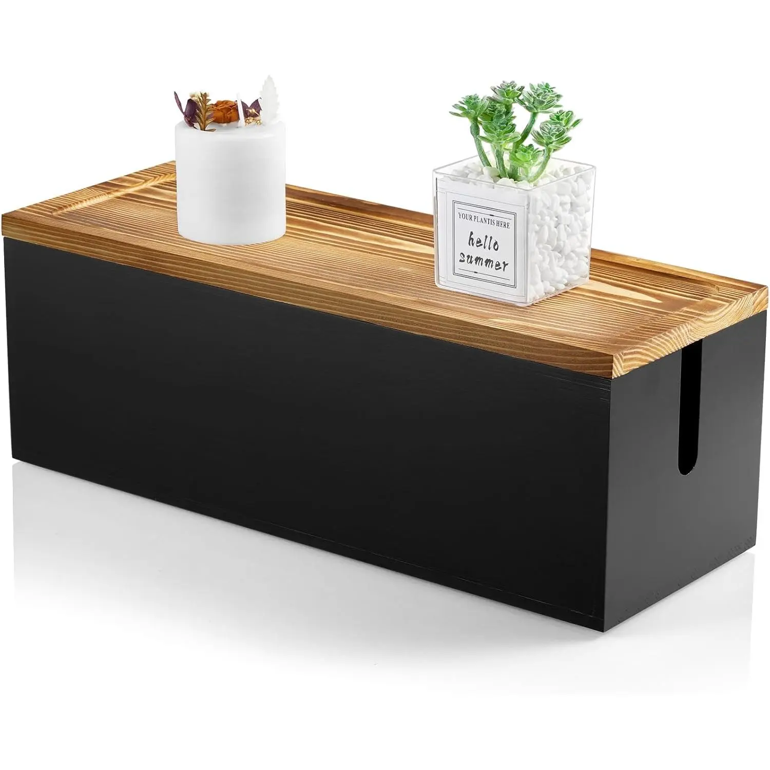 Large Pine Wooden Cord Organizer Box - Modern Farmhouse Indoor Home Office Decor, Durable Easy-to-Clean Charger Holder with Anti-Slip Pads (Length <14 Inches) for Desk to Store Extension Cords, Power Strips, Surge Protectors, Wires, Black