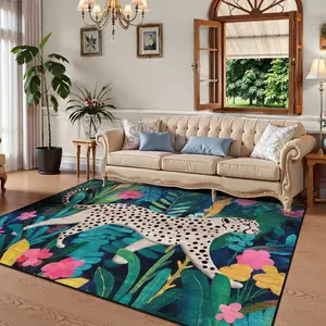 Vintage Tropical Jungle Living Room Carpet, Boho Leopard Rug, Sofa Coffee Table Mat, Perfect Holiday Gift, Non-Slip, Soft Plush, Boho Area Rug, Vintage Design Rug, Bohemian Style Rugs