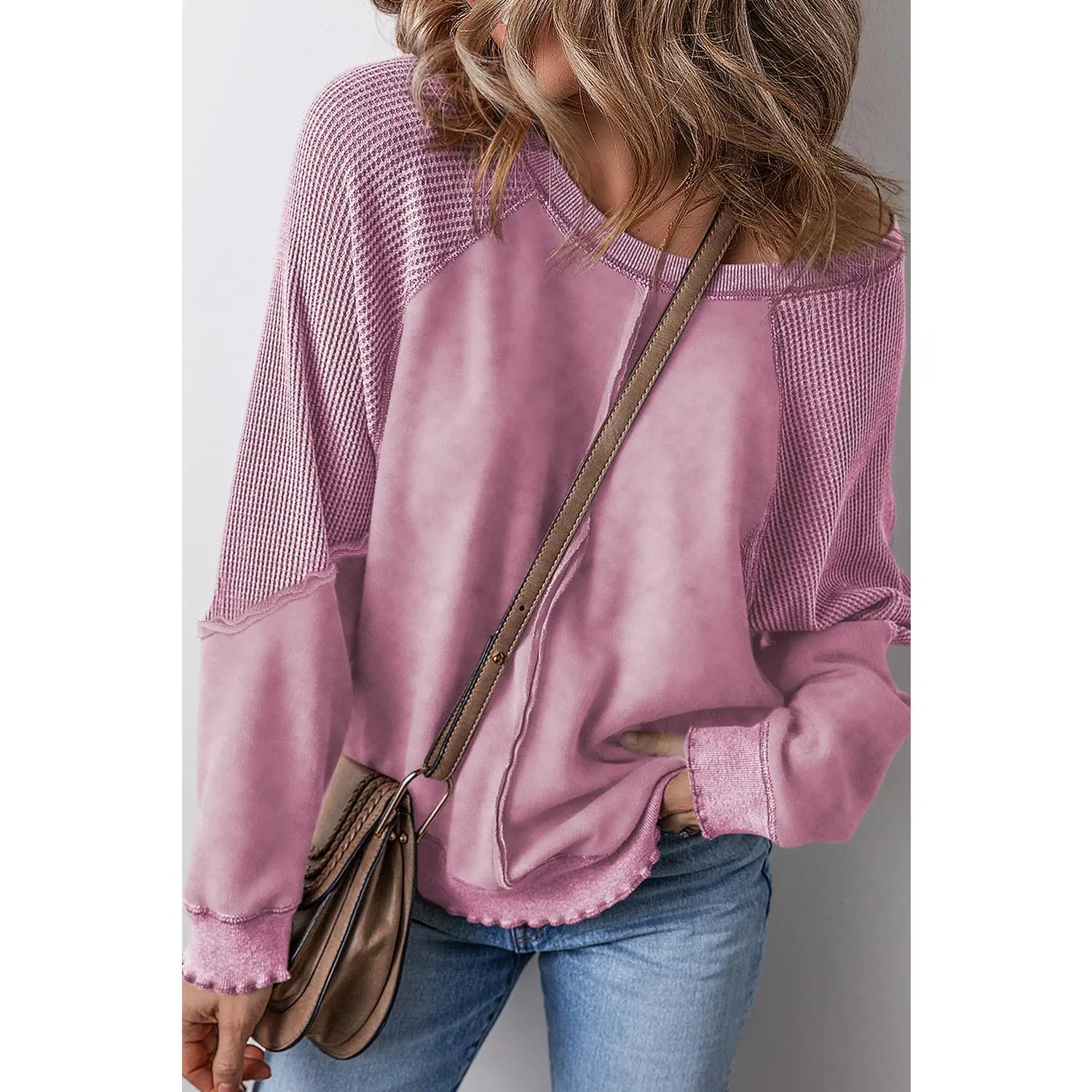 Pink Solid Waffle Knit Patchwork Raglan Sleeve Sweatshirt