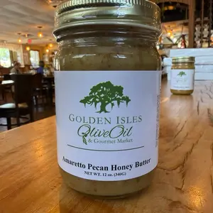 Golden Isles Amarreto Pecan nut Honey Butter 12 oz 340g Gourmet Spread for Sandwiches and More