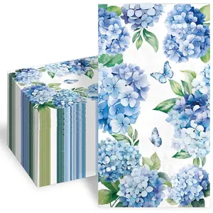 100pcs Hydrangea Floral Napkins 3 Ply Blue Hydrangea Paper Napkins Disposable Hand Towels for Bathroom Napkin for Wedding Lunch Dinner Spring Summer Fall Flowers Party Decorations