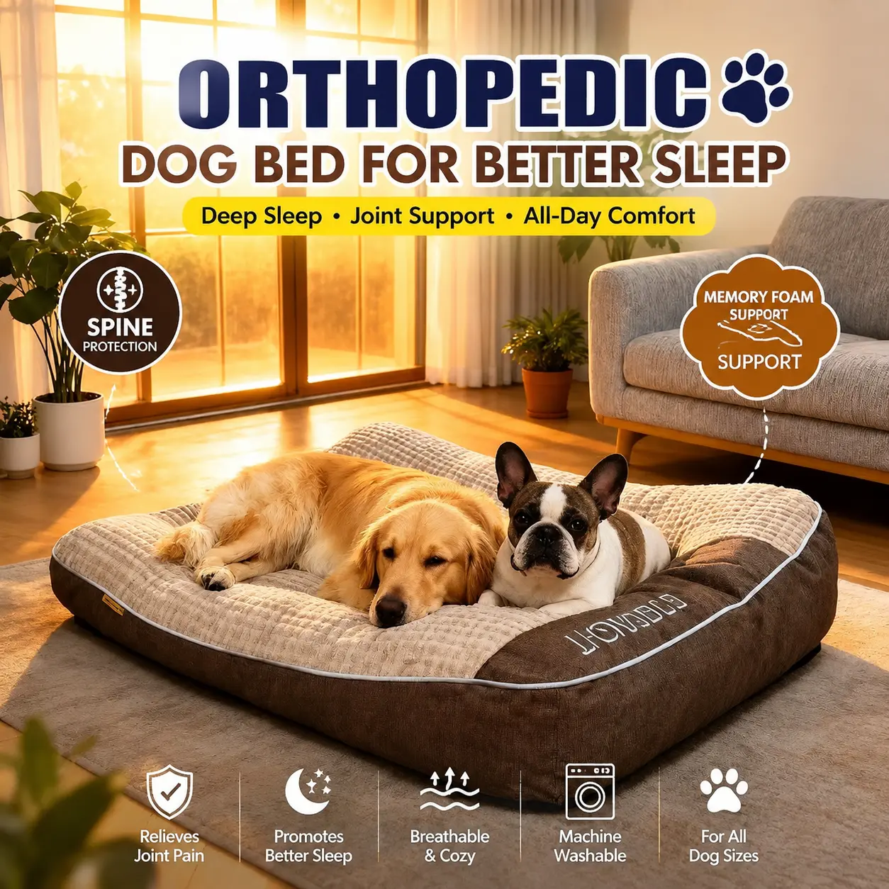 BOFNL orthopedic memory foam dog bed for large dogs, soft and breathable pet bed, removable and machine-washable cover, pet mattress for joint support and deep sleep, breathable and machine-washable rectangular dog pad, suitable for small, medium, and lar