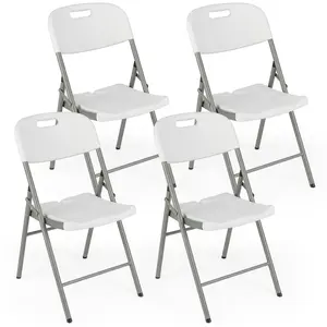 COSTWAY - 4 Pack Folding Stackable Chairs with Metal Frame and Carrying Handle-White