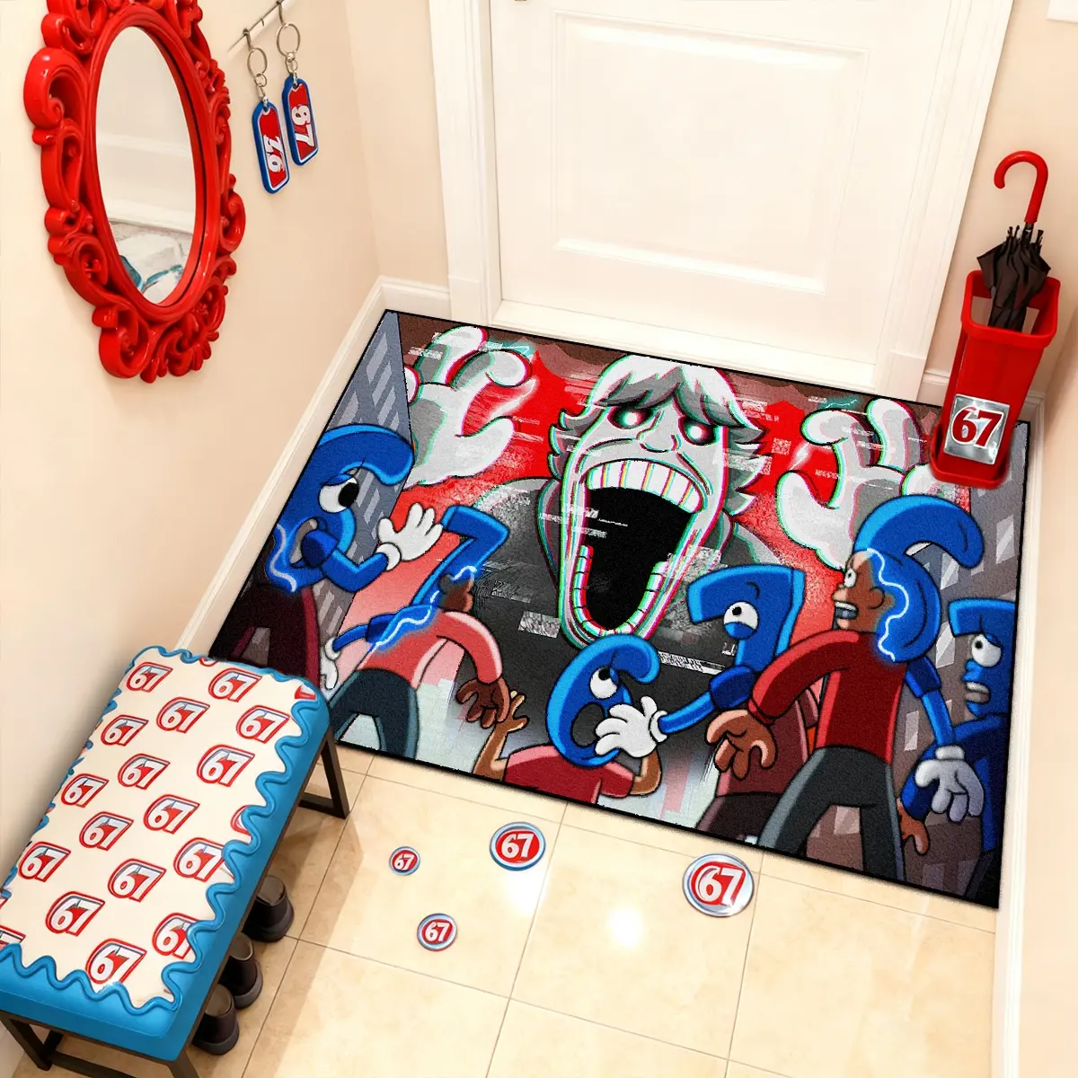 Creative 67 number pattern rug, 1 count doormat，funny rug，Soft non-slip, washable, easy to clean. Suitable for doorways, kitchens, bathrooms, living rooms, bedrooms, and other entrances. Makes a great room decoration, a perfect gift for a friends