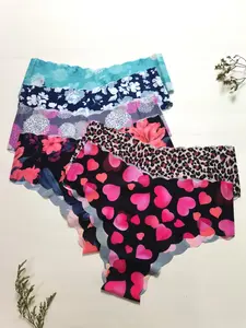 Women's 6pcs All Over Print Scallop Trim Knicker, Comfy Breathable Seamless Panty For Daily Wear, Ladies Underwear For All Seasons, Printed Panties