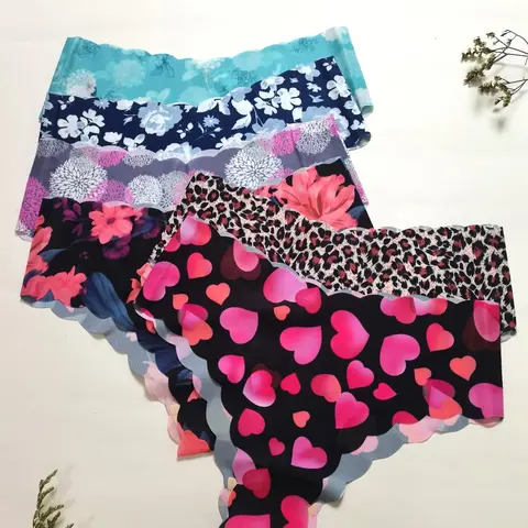 Women's 6pcs All Over Print Scallop Trim Knicker, Comfy Breathable Seamless Panty For Daily Wear, Ladies Underwear For All Seasons, Printed Panties, Breathable Stretch Underwear, Everyday Panties, Casual Comfy Panty