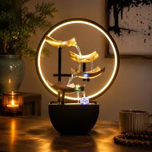 Decorative Indoor Tabletop Water Fountain with LED Ring – Modern Waterfall Feature for Bedroom Office and Living Room