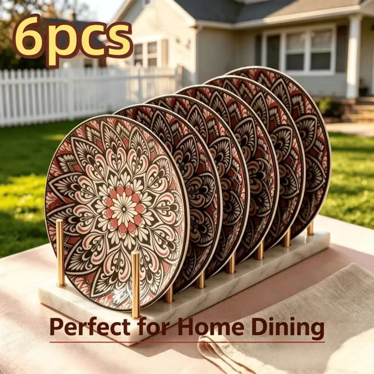 6Pcs Bohemian Mandala Ceramic Plates, 21cm Round Deep Dinner Plates, Vintage Red Floral Serving Plates, Tableware for Home & Outdoor Dining, Microwave & Dishwasher Safe