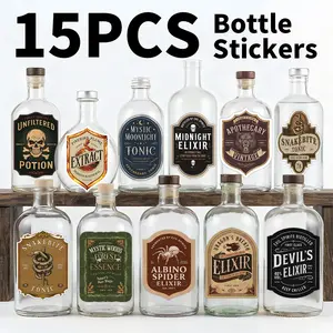 15 Vintage Magical Potion Bottle Labels Stickers for Halloween Witchcraft Dark Style, Old Parchment Design, Handout & Journal Decor, Cross-Border Popular Dark Sticker Set
