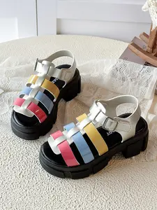 Girls' Rainbow Color Block Thick Sole Roman Sandals, PU Sandals, Anti-Slip Buckle, Breathable, Casual Summer Shoes for Street, Vacation, Party