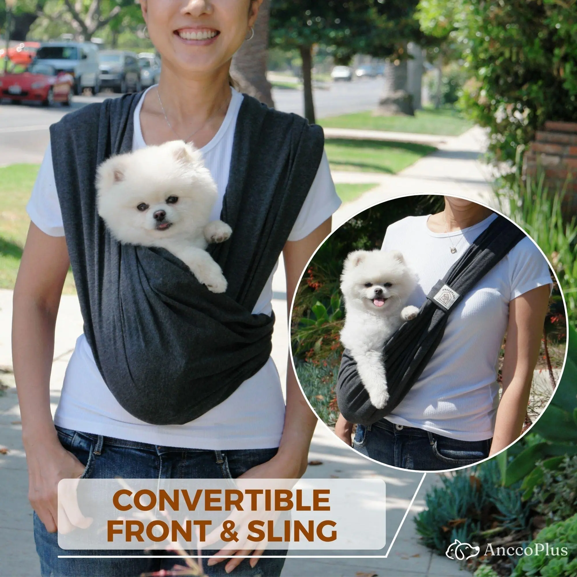 AnccoPlus Convertible Dog Sling Carrier, Small Dogs, Pet Sling, Cat Sling, Front and Sling Convertible Design, Hands-Free, Reduces Back Stress, Premium Cotton, Stylish Dog Carrier Sling