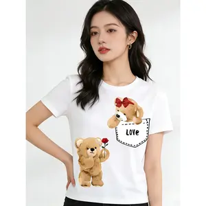 Women's Gray Teddy Bear Print Pocket T-Shirt: Cotton cute pink bear bow tie pocket design short sleeve crewneck summer casual top, stretch fitness party wear, machine washable;