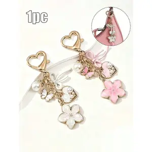 Elegant Floral Butterfly Enamel Keychain, Heart Cutout Design, Gold Layered Flowers, Fashion Backpack Bag Decoration