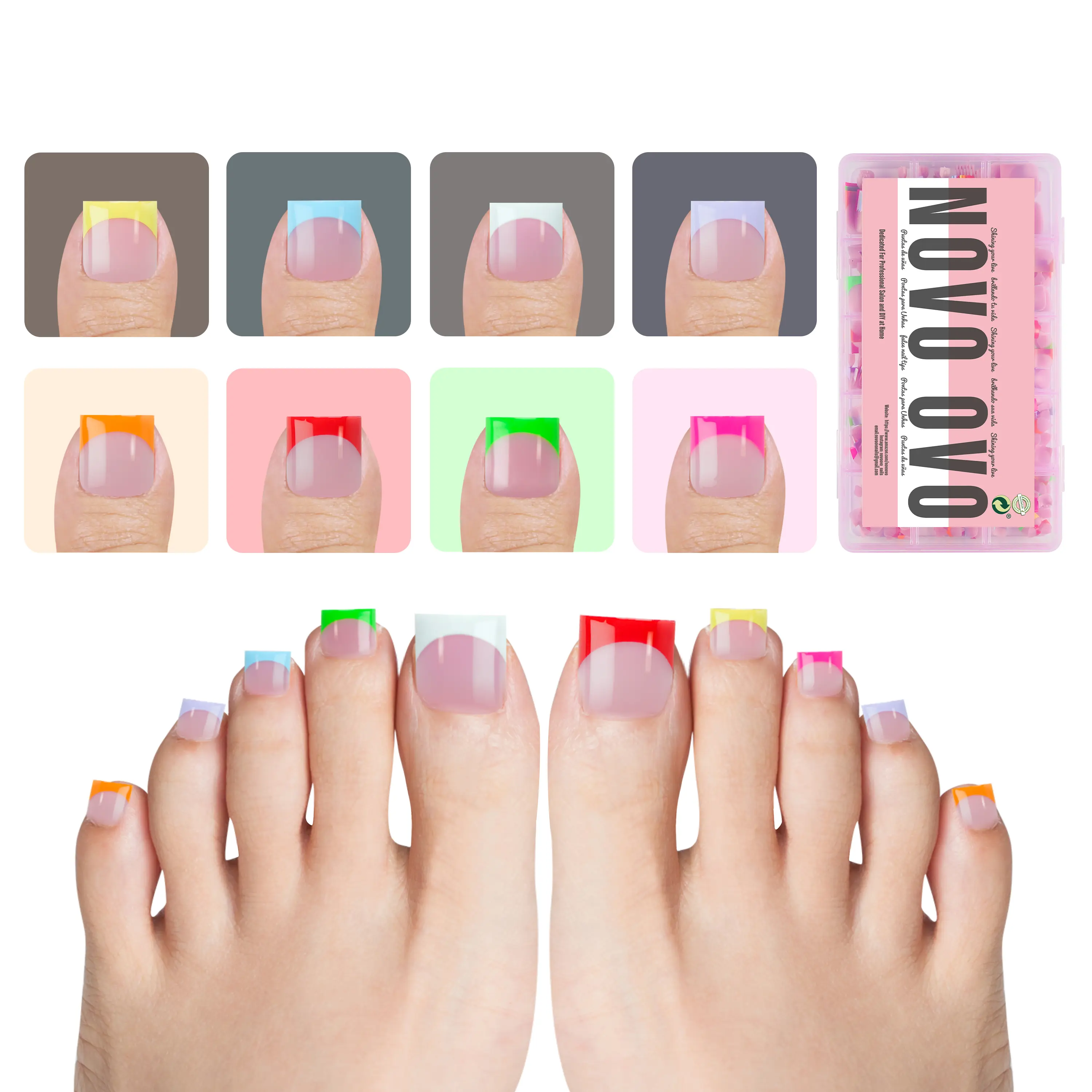NOVO OV French Tip Press on Toe Nail Tips MIXED COLOR, Sharp Square Pre-Designed Soft Gel False Toenail Extension, Pre-applied Tip Primer & Base Coat, Full Cover Acrylic for DIY x 15 Sizes 240 pcs【NO GLUE & TOP COAT ,UV LIGHT】