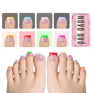 NOVO OVO French Tip Press on Toe Nail Tips MIXED COLOR, Sharp Square Pre-Designed Soft Gel False Toenail Extension, Pre-applied Tip Primer & Base Coat, Full Cover Acrylic for DIY x 15 Sizes 240 pcs【NO GLUE & TOP COAT INCLUDED】