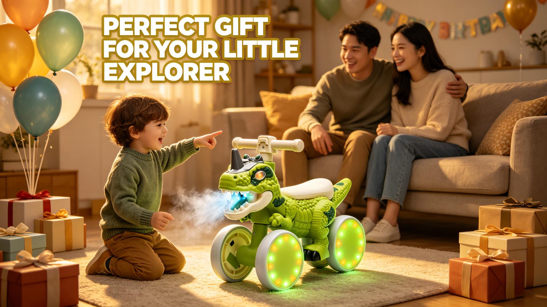 Unisex T-Rex Theme 4-Wheel No-Pedal Toddler Balance Bike (Ages 1-3) - Kids Toys, Toddler Toys with Light-Up Wheels, Spray Function, Sound Effects, Music, EVA Tires, Safety-Enhanced Design