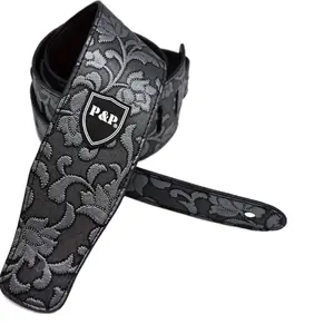 P&P Music Premium Faux Leather Guitar Strap Embossed Silver & Gray Floral Pattern Adjustable 51-59 Durable for Acoustic Electric & Bass Guitars