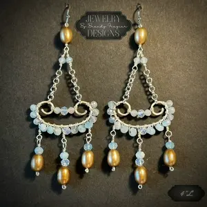 Earring Handmade wire wrapped Beaded drop dangle elegant wedding design amozonite, crystal moonstone and champagne colored freshwater, pearl