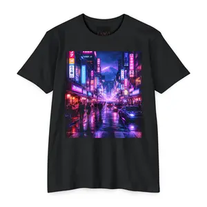 Japanese Neon City Nightscape T-Shirt | Cyberpunk Tokyo Street Scene