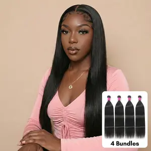 Straight Bundles Human Hair Unprocessed Brazilian Virgin Weave 4 Bundle Gefily 14A Human Hair Bundles 24 26 28 30 Inch for Women Natural Black Wavy Human Hair Extensions